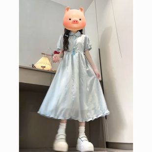 韩系学院风娃娃领条纹印染短袖 小个子甜美温柔长裙 连衣裙夏季 新款