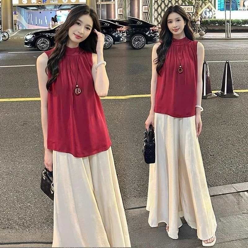 大码时尚套装女2025夏季新款显瘦设计感无袖挂脖上衣阔腿裤两件套