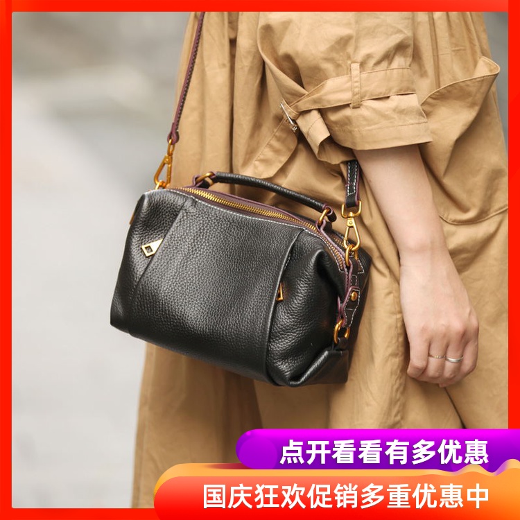 新款复古波士顿简约质感软头层牛皮手提单肩斜挎双隔层真皮女士包