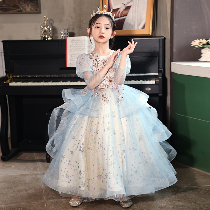 女童主持人礼服公主裙蓝色生日高端小花童婚礼儿童钢琴演出服秋冬