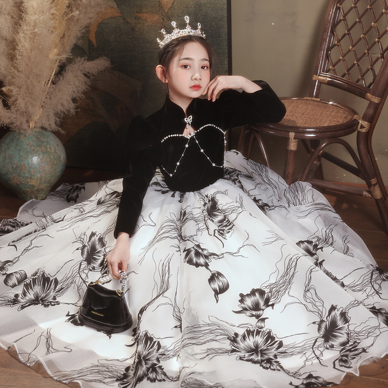女童高端礼服公主裙黑色小花童儿童主持人表演钢琴演出服演奏秋冬