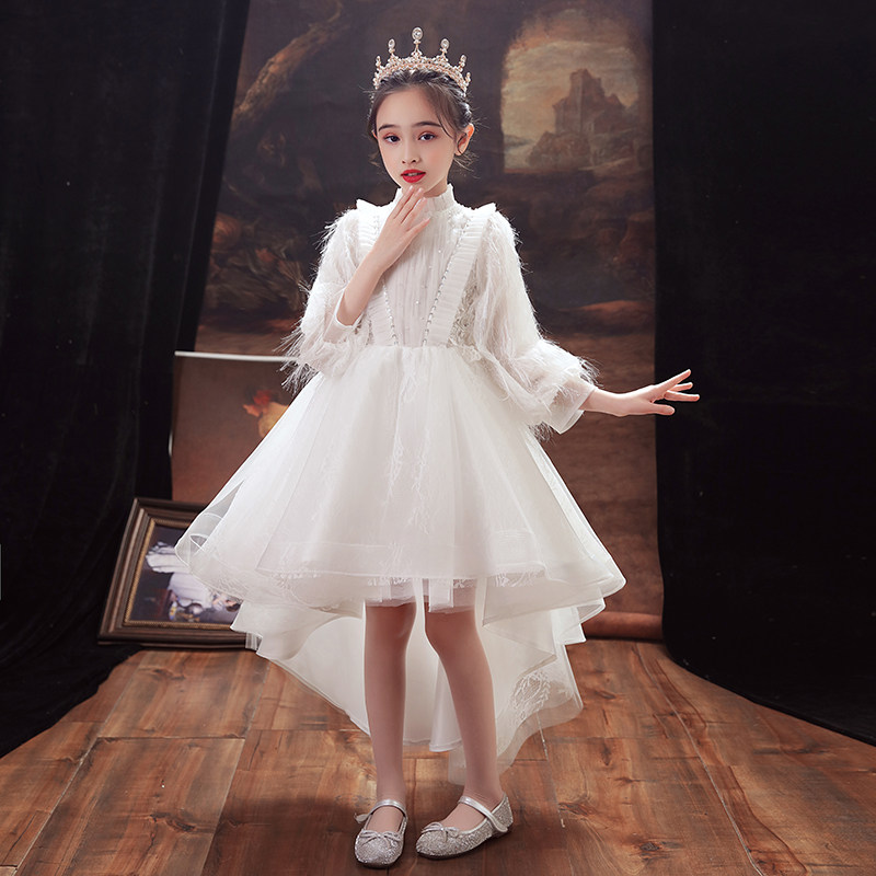 儿童礼服公主裙女童蓬蓬纱生日前短后长小花童婚纱钢琴演出服白色