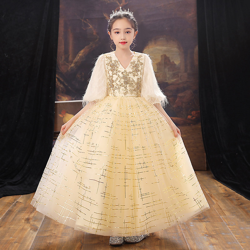 女童礼服公主裙蓬蓬纱生日香槟色花童婚纱儿童主持人钢琴演出服夏