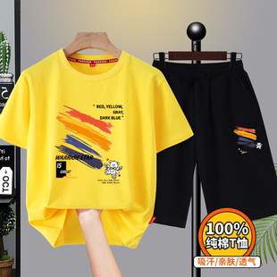 胖童装男童加肥加大夏装套装中大童纯棉短袖t恤两件套运动服男孩8