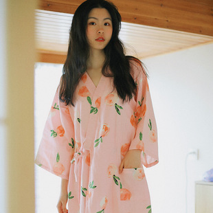 纯棉纱织宽松和服睡裙汉服睡衣浴袍家居服 水蜜桃 日本春夏女式