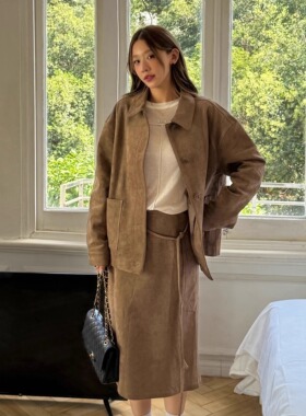 Oh！Me Tell【琥珀流光】麂皮绒翻领夹克外套+绑带A字半身裙套装