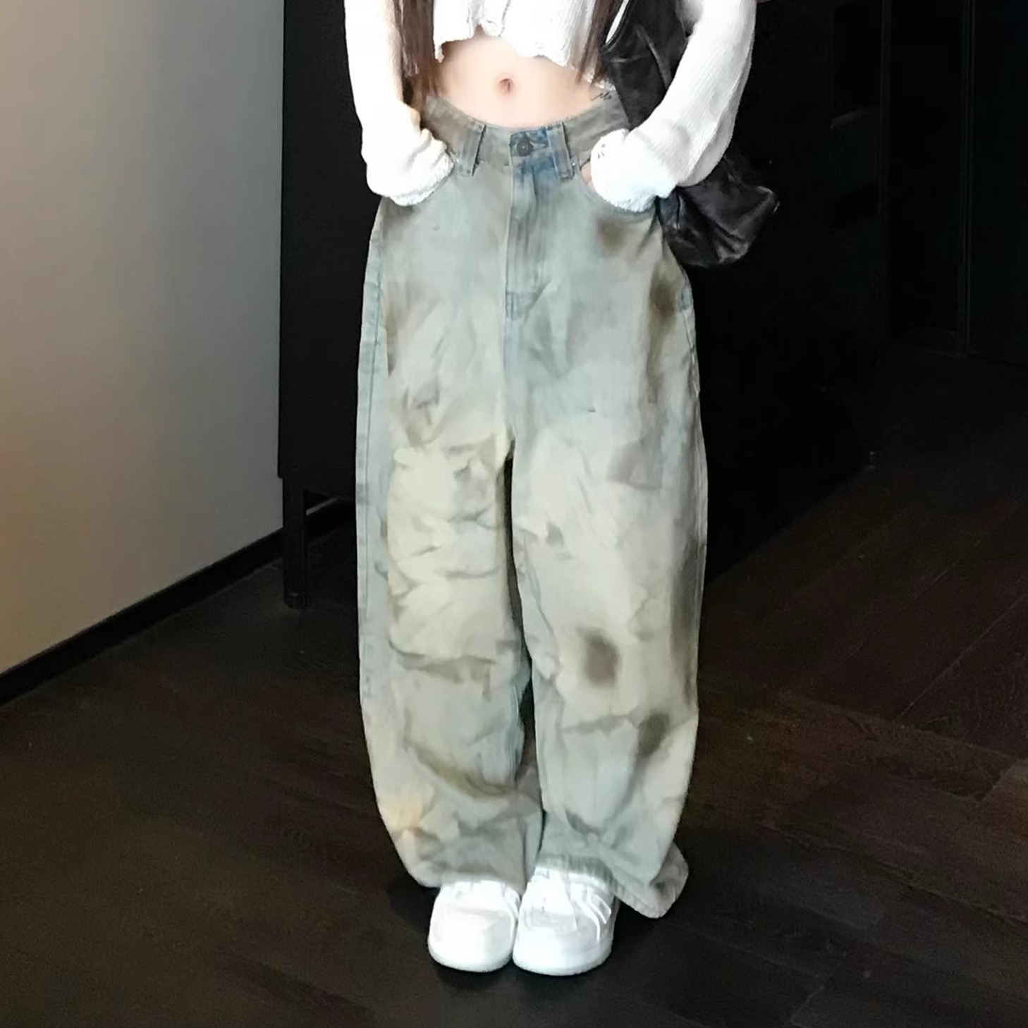rose同款泥染阔腿牛仔裤