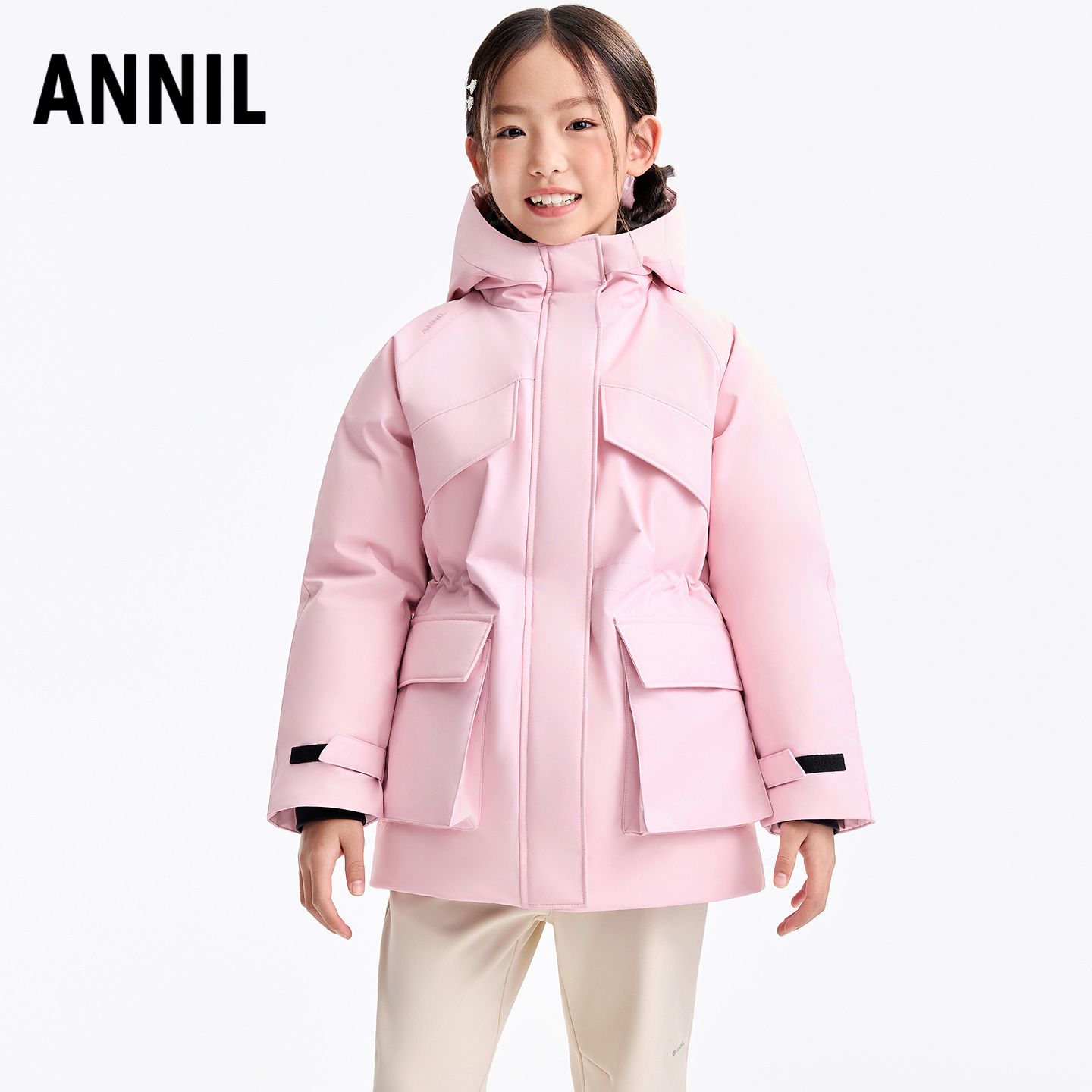 安奈儿女童装中长款连帽羽绒服