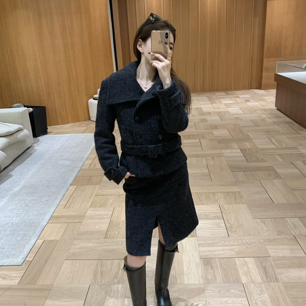 EASE-开衩羊毛毛呢气质显瘦半身裙(含100羊毛)(认准ease)E25 D029