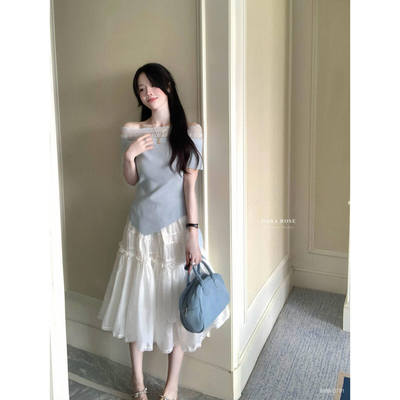 DARA ROSE-蕾丝拼接一字肩短袖t恤不规则下摆绑带收腰小衫S9189