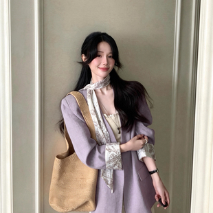 DARA ROSE-3色复古棉麻西装拼接袖显瘦丝巾外套西装(配飘带)C8570