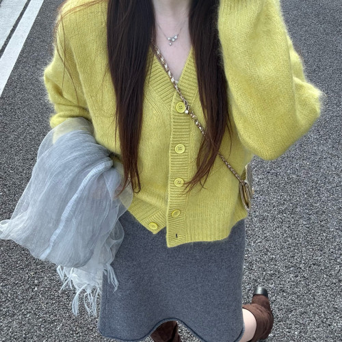 DARA ROSE-山羊绒温柔风奶黄软糯V领绵羊毛重磅宽松开衫S10540