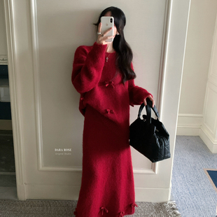 半身裙套装 DARA 毛衣 一整套红色洋气减龄套头宽松长袖 S8131 ROSE