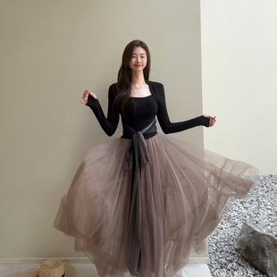 DARA ROSE-上新芭蕾风绑带高腰网纱中长款半身裙(不含上衣)S8251