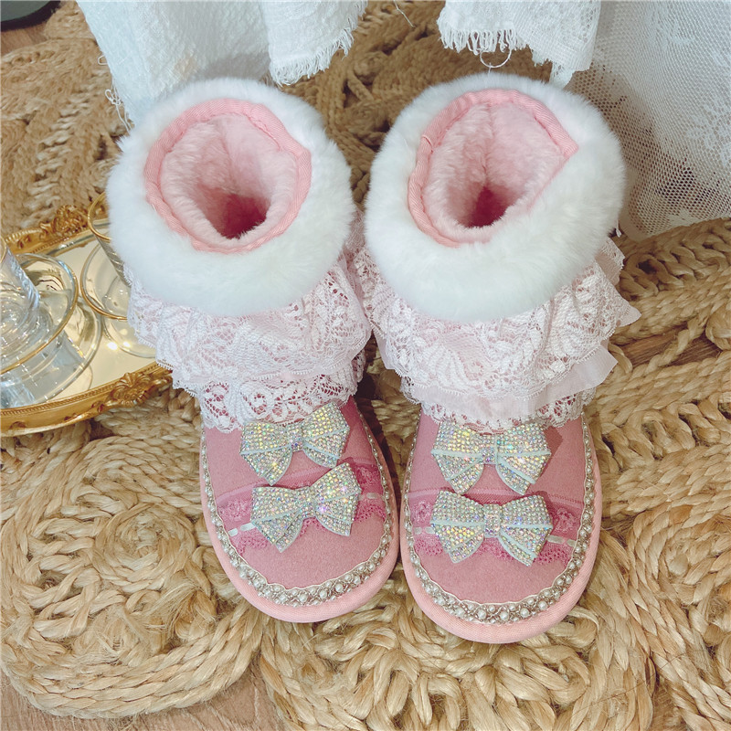 法式复古毛球加厚雪地靴甜美兔毛蕾丝仙女粉色蝴蝶结短筒圆头棉靴