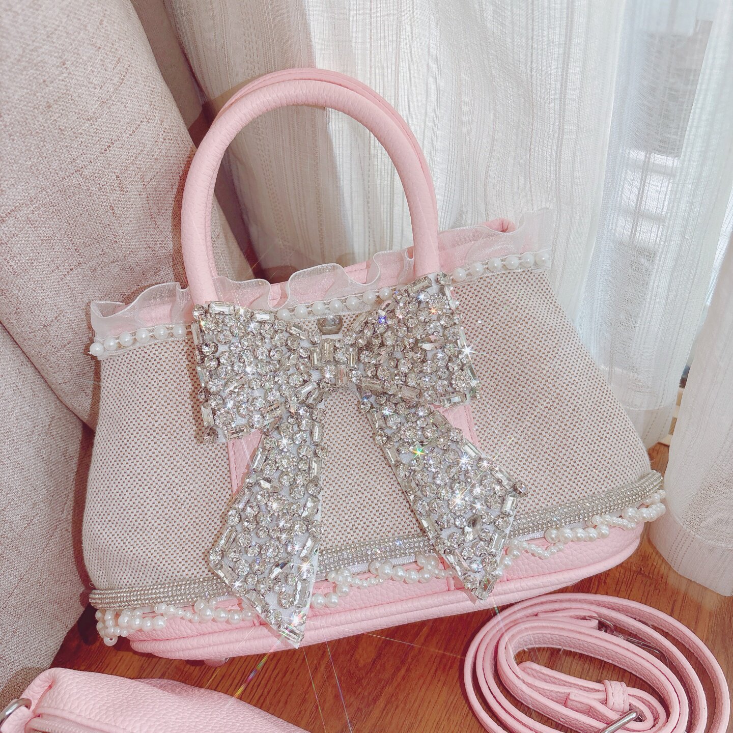 甜美春季编织粉色手提包重工大蝴蝶结少女百搭斜跨单肩包珍珠复古