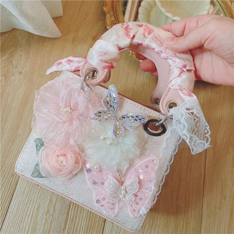 原创设计夏季新款手提戴妃包甜美蕾丝复古少女粉色单肩斜挎小方包