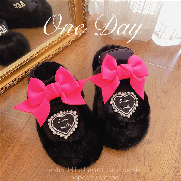 原创设计毛毛增高松糕外穿拖鞋甜美可爱少女爱心珍珠交叉一字拖鞋