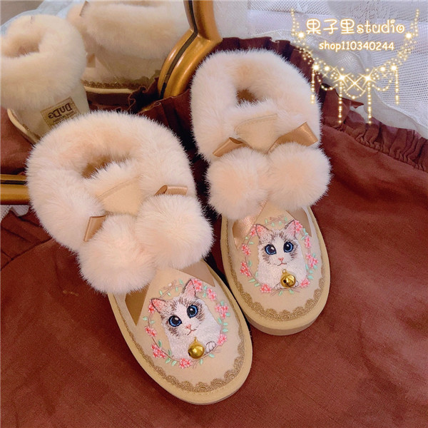瓢鞋冬季雪地靴可爱猫咪森女系