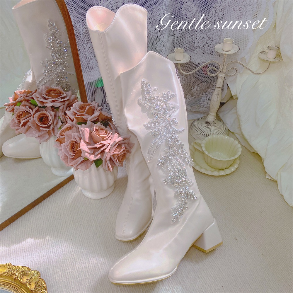 冬季性感高筒拉链皮靴高跟鞋重工时尚白色加棉气质镶钻显瘦长筒靴