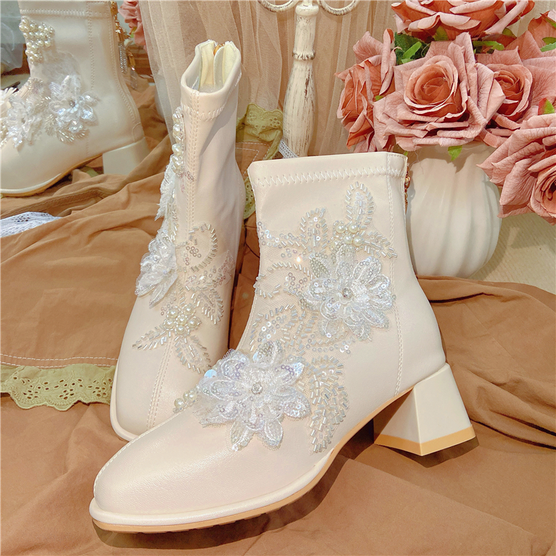 秋季新品方头高跟拉链短靴重工时尚百搭亮片刺绣女皮靴弹力瘦瘦靴