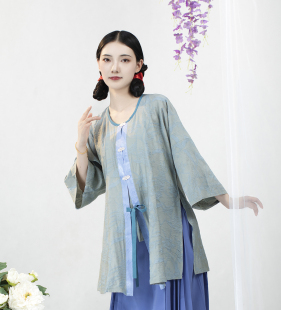 衫 鹿临汉服 明制杏色秋香绿雾霾蓝紫粉提花绸半袖 天丝圆领衫 凉芙