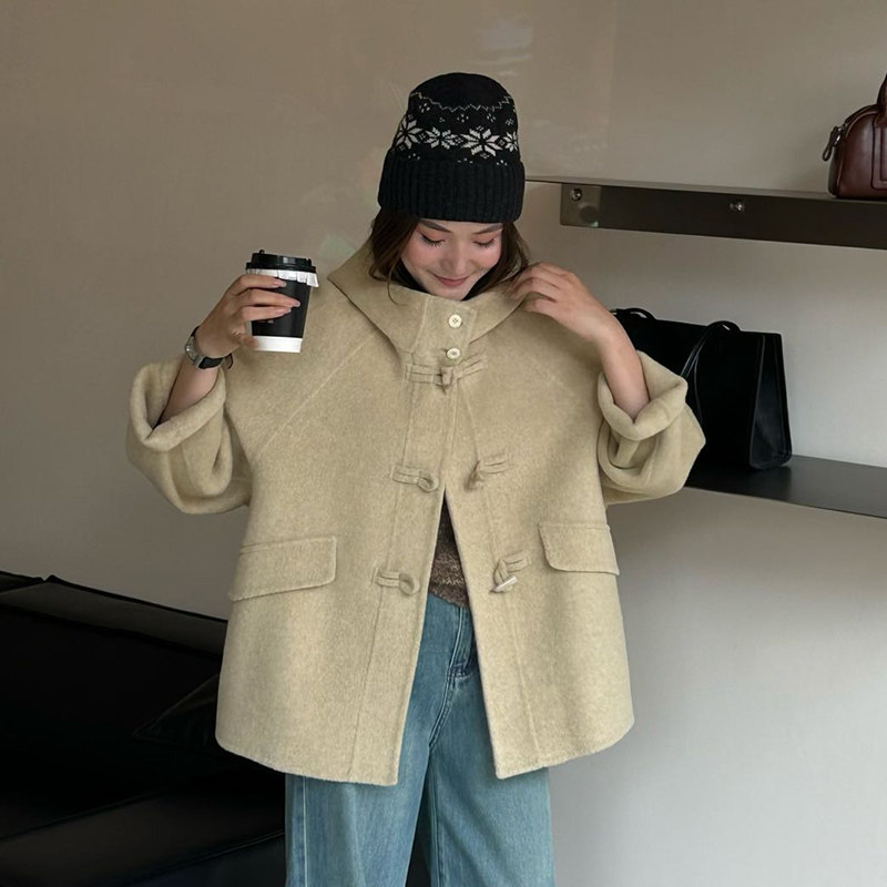 2025秋冬新款韩版宽松显瘦牛角扣连帽双面羊绒大衣女羊毛呢外套