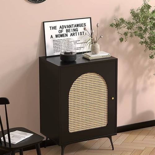 岩板面餐边柜小户型黑色玄关柜藤编门储物边柜客厅办公咖啡机摆放