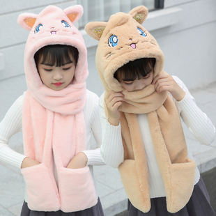 亲子连体骑车帽子手套围巾三件套一体女冬季 可爱儿童防风保暖围脖