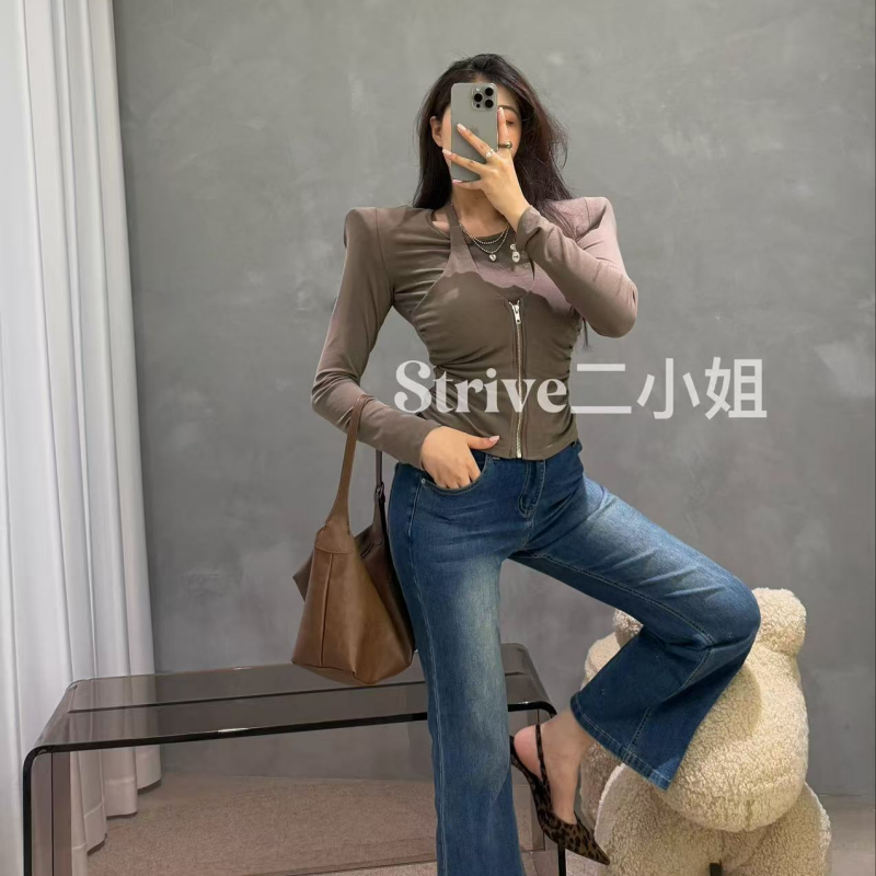 2025早秋新款韩系时尚辣妹挂脖拉链假两件T恤女修身显瘦短款上衣