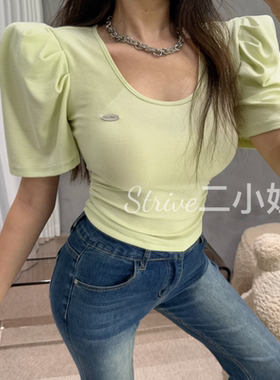 韩国东大门2025夏季新款U领贴标褶皱泡泡袖收腰显瘦短款上衣女