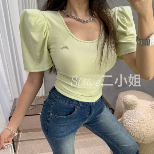 韩国东大门2025夏季新款U领贴标褶皱泡泡袖收腰显瘦短款上衣女