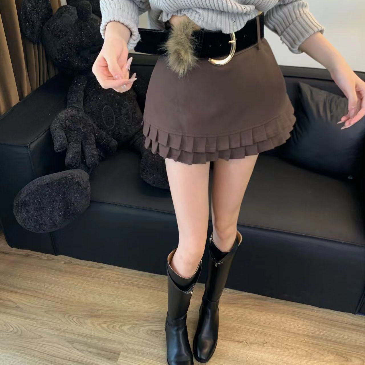 【搭配担当】原单订制双层百褶 毛毛腰带半身裙