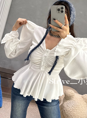 【心动讯号】原单气质显瘦裙摆波浪边排扣泡泡袖上衣