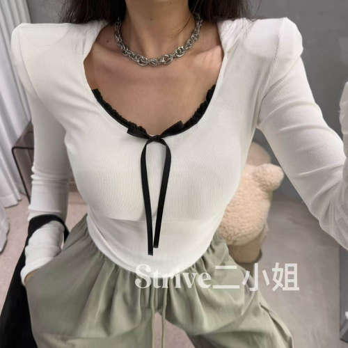 蝴蝶结蕾丝边连帽长袖T恤女秋季韩版时尚百搭修身显瘦短款上衣