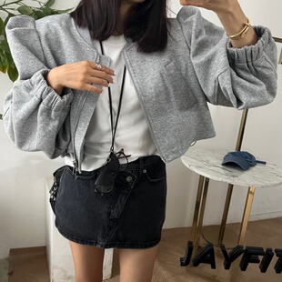 泡泡袖卫衣拉链开衫短款外套女韩版宽松显瘦设计感小众后贴标上衣