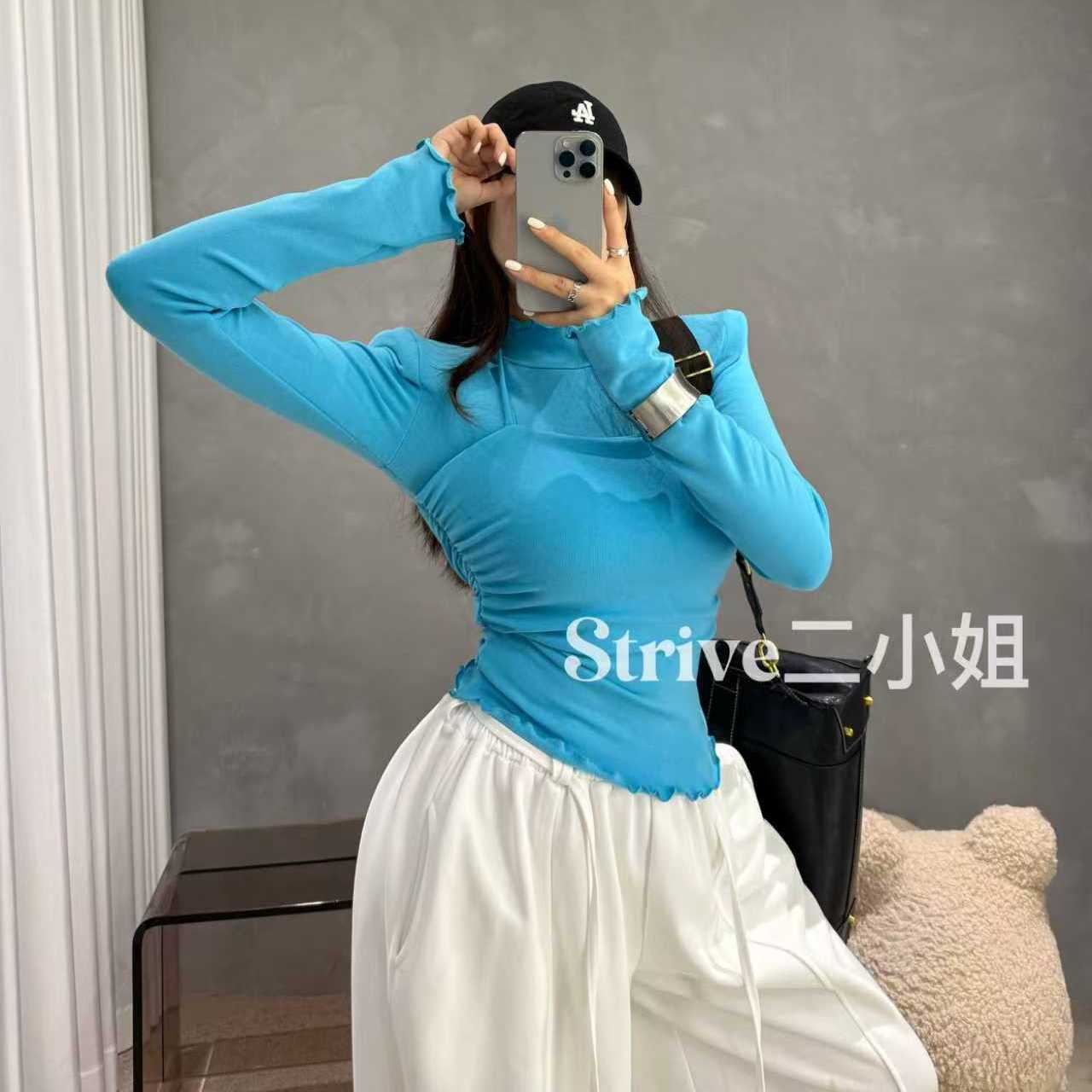 【蓝调小暖包】原单订制加厚磨毛木耳边假两件半高领上衣