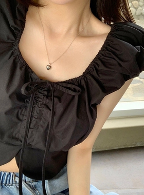 韩系2024夏季新款时尚中缝褶皱抽绳系带拼接下摆开叉衬衫上衣女