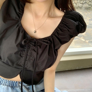 韩系2024夏季新款时尚中缝褶皱抽绳系带拼接下摆开叉衬衫上衣女