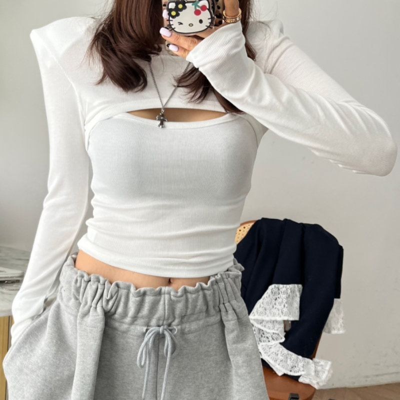 2025新款辣妹胸口镂空修身内搭长袖T恤女春季打底衫短款紧身上衣