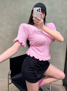 韩国chic夏季新款薄款V领木耳边针织衫修身显瘦弹力短袖T恤上衣女