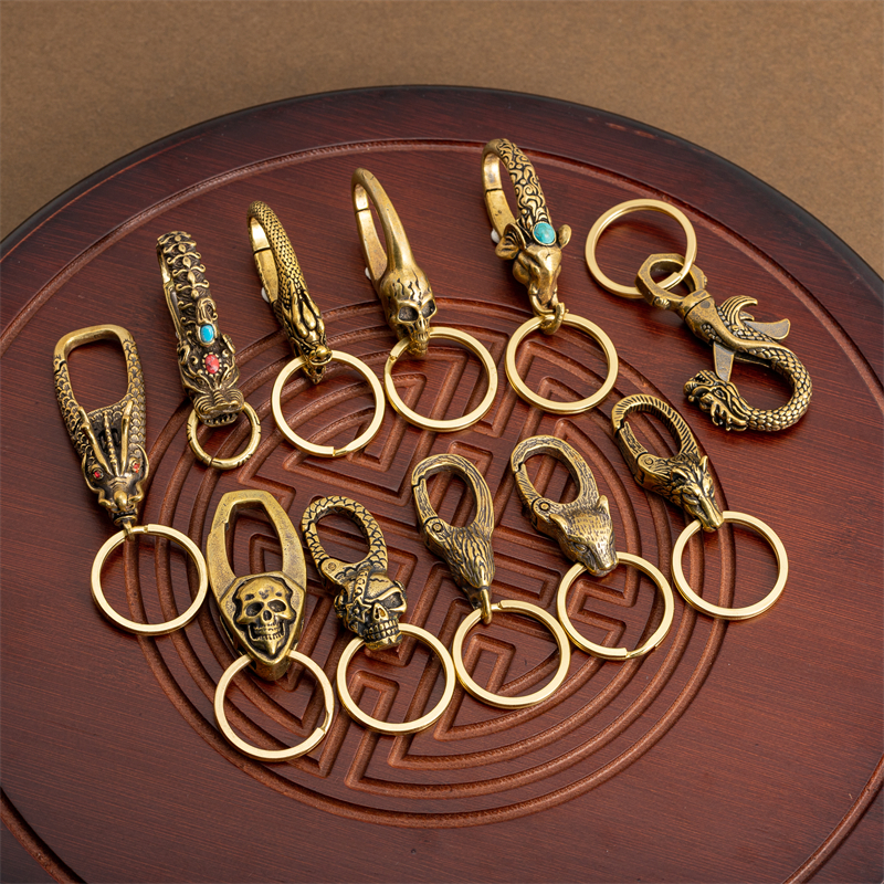 手工纯黄铜麒麟龙头钥匙扣挂件葫芦匙扣纯铜龙钥匙扣骷髅钥匙