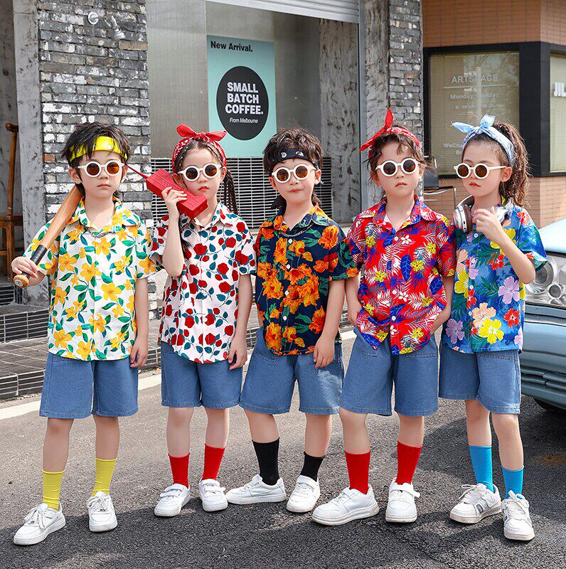 六一儿童啦啦队演出服幼儿园小学生复古花衬衫8090后怀旧港风服装图片