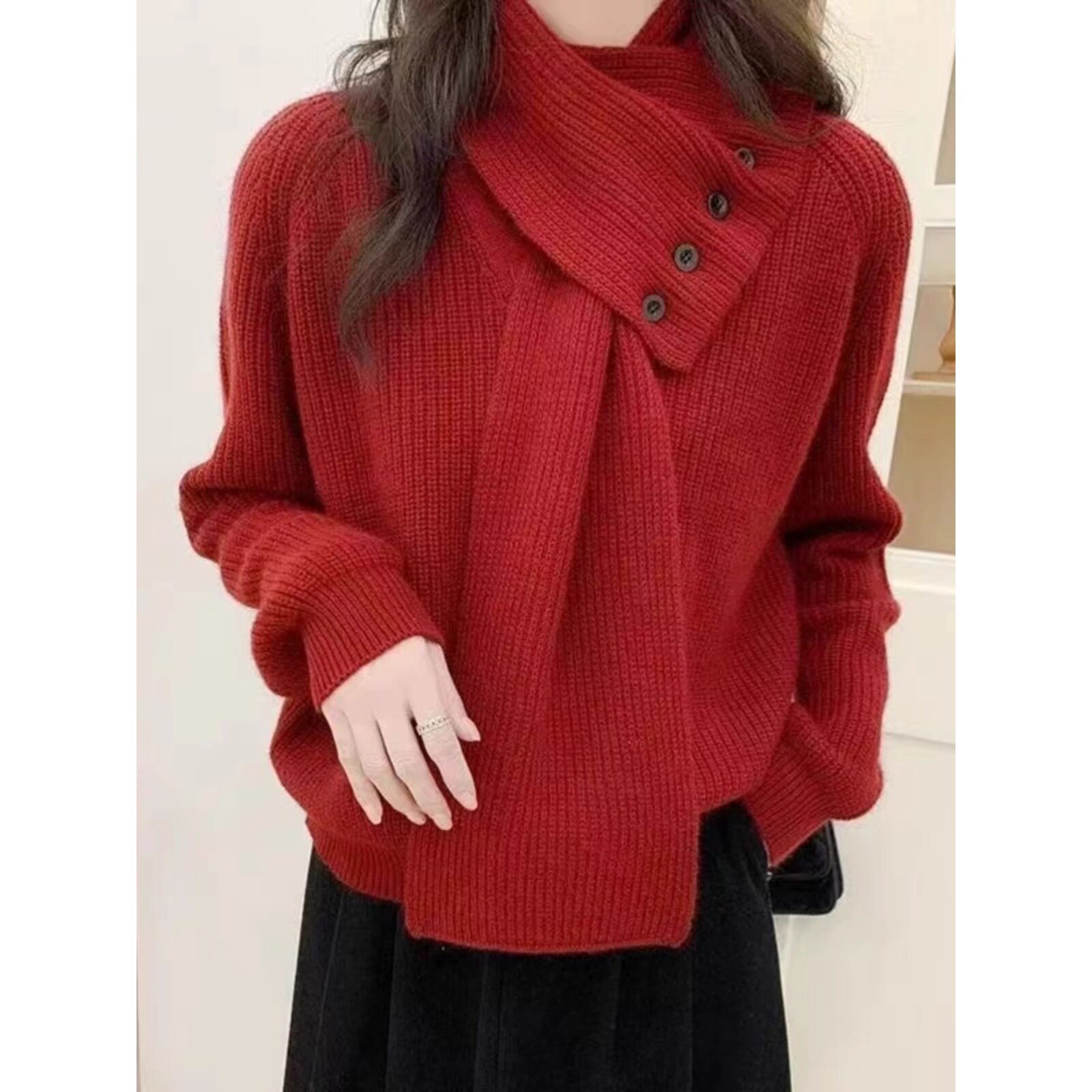 红色可拆卸围巾毛衣冬季女韩版时尚宽松百搭针织衫套头毛衣A2827
