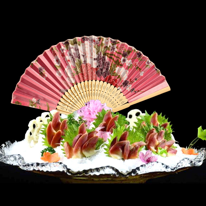 酒店餐厅刺身拼盘围边点缀装饰扇子创意盘饰竹木防水折扇厨师用品