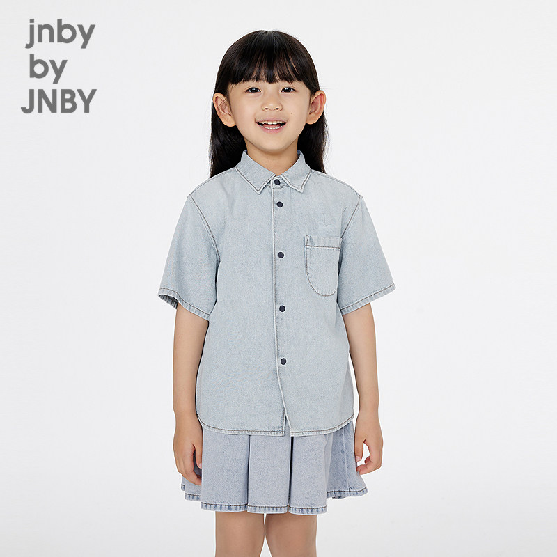 江南布衣童装衬衣中袖衬衫领纯色水洗牛仔夏男女童jnbybyjnb