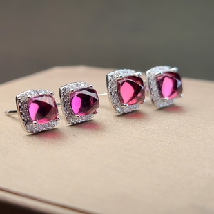 糖塔 镁铝石榴石耳钉 糖塔山方形小馒头  颗颗全净起荧光5mm和6mm