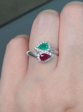 天然 红宝石 + 祖母绿 双石戒指 水滴形状 ​4*6mm 新款上架
