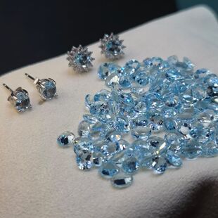 天然海蓝宝耳钉日常通勤款宝石尺寸4*5mm全净体4a颜色全净体银镶