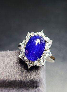 近5克拉蓝宝石大戒指4.93克拉 个头大色泽浓郁  玻璃体配裸石证